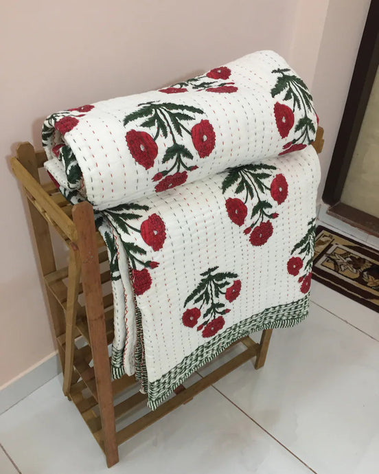 Floral Handprint Kantha Quilt | Lightweight Cotton