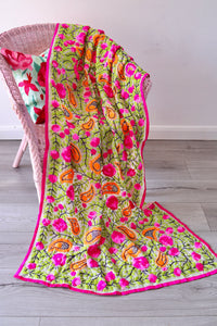 Beige x Green Large Handmade Georgette Wrap / Throw