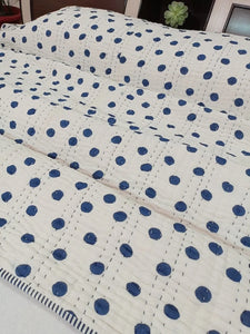 Blue Polka Dot Kantha Quilt | Lightweight Cotton