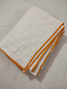 White Kantha Quilt with Yellow Edging | Lightweight Cotton
