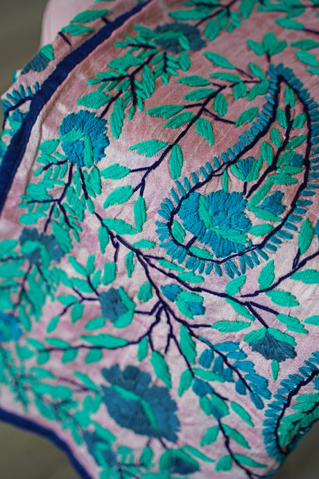 Light Pink & Teal Large Handmade Chanderi Silk Wrap / Throw