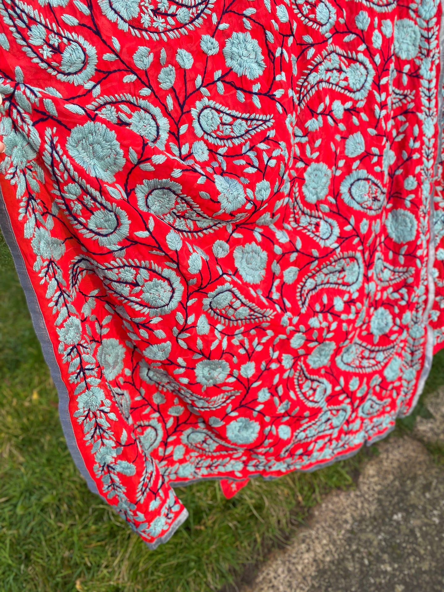 Rust Red x Grey Large Handmade Georgette Wrap / Throw