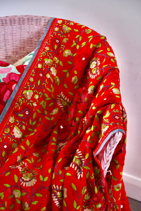 Red x Green Large Handmade Georgette Wrap / Throw
