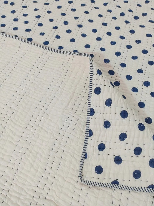 Blue Polka Dot Kantha Quilt | Lightweight Cotton