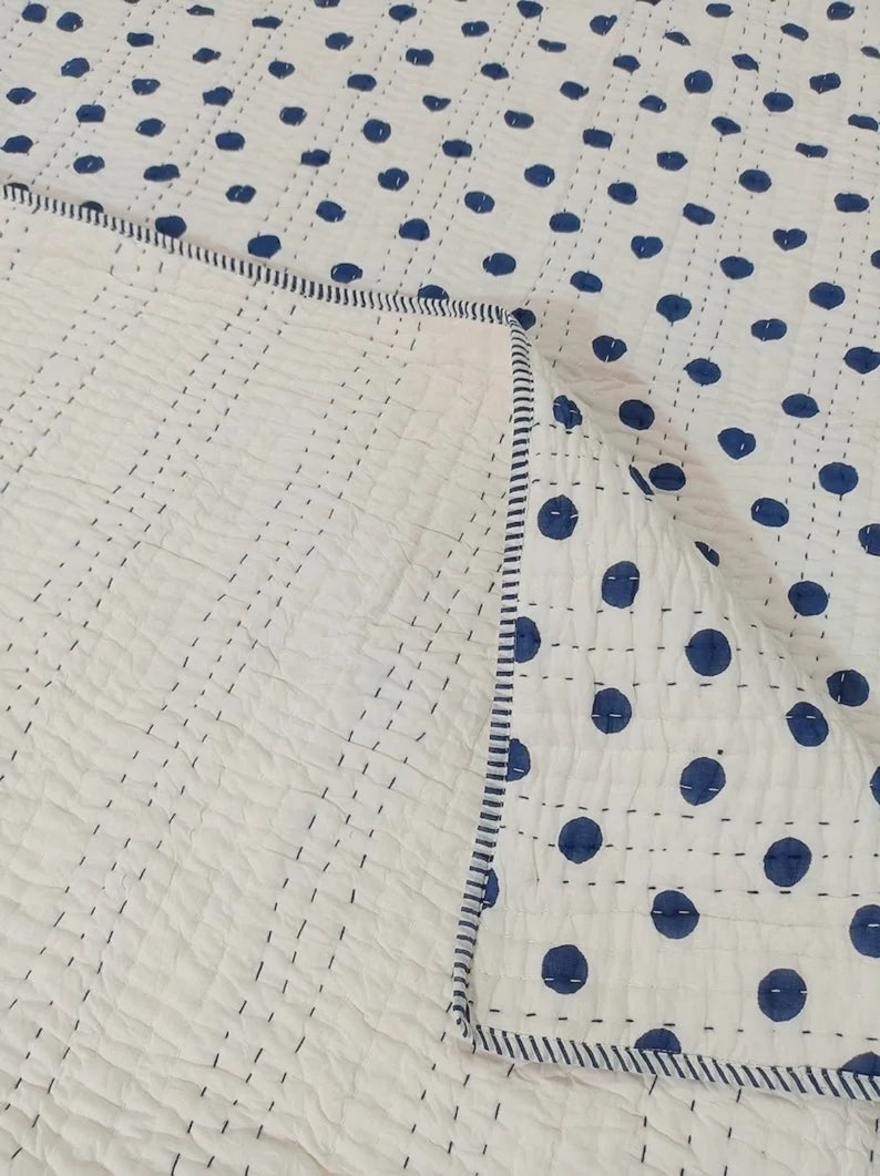 Blue Polka Dot Kantha Quilt | Lightweight Cotton