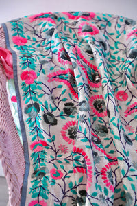 White x Teal Large Handmade Chanderi Silk Wrap / Throw