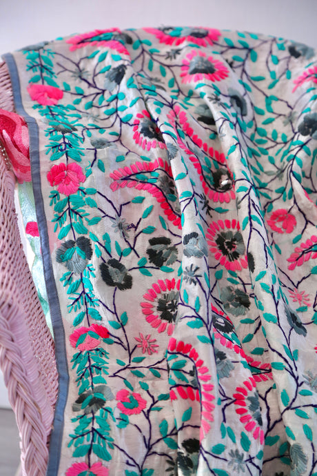 White x Teal Large Handmade Chanderi Silk Wrap / Throw