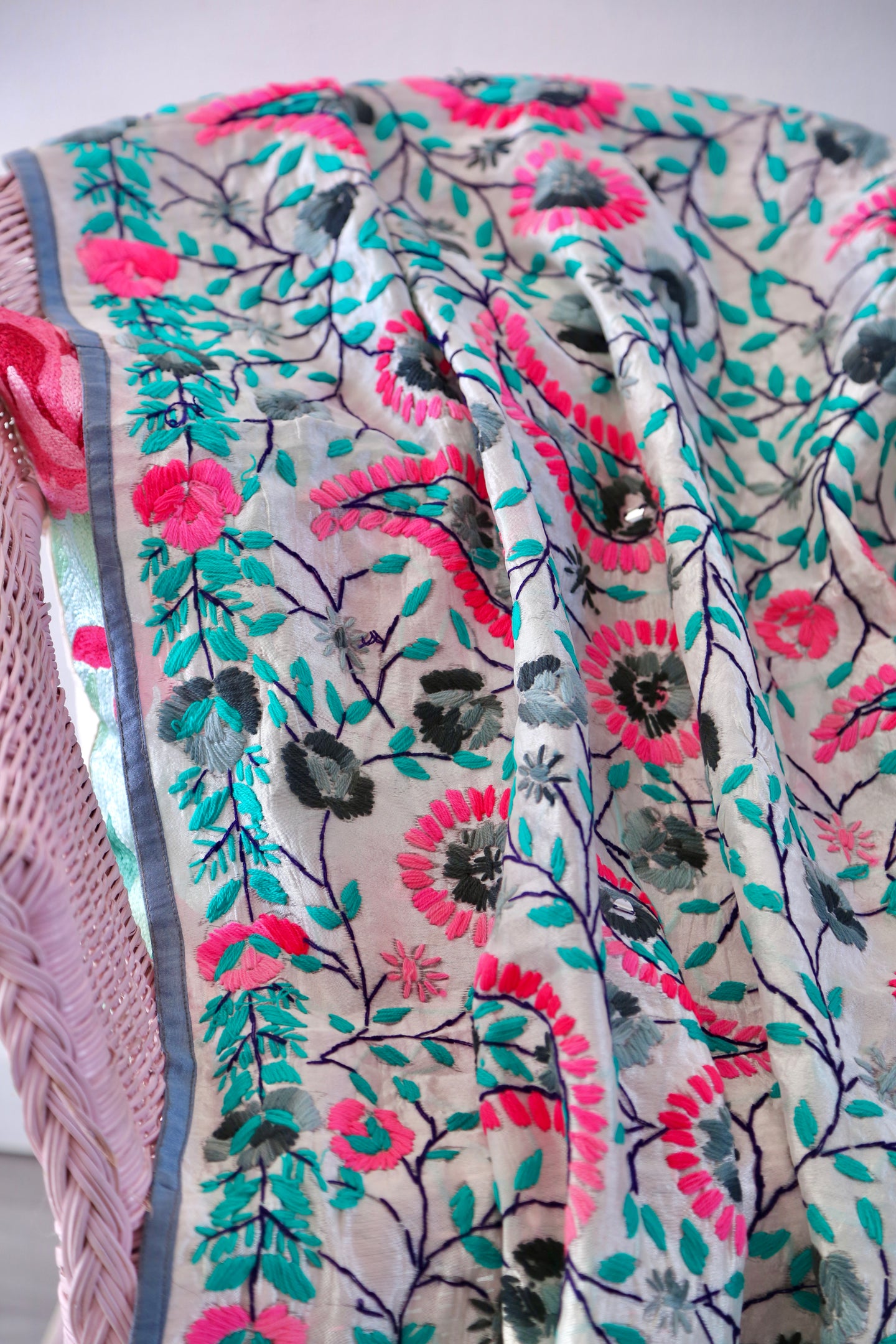 White x Teal Large Handmade Chanderi Silk Wrap / Throw