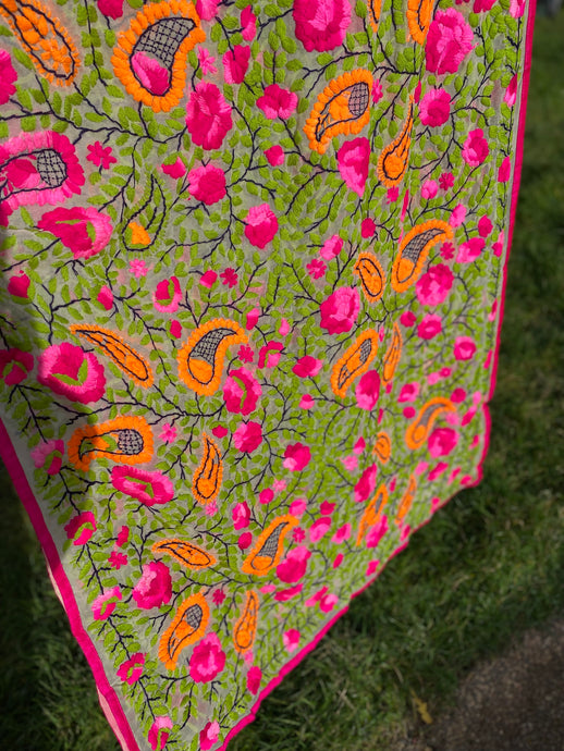 Beige x Green Large Handmade Georgette Wrap / Throw