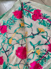 Load image into Gallery viewer, Pearl White x Teal Large Handmade Chanderi Silk Wrap / Throw