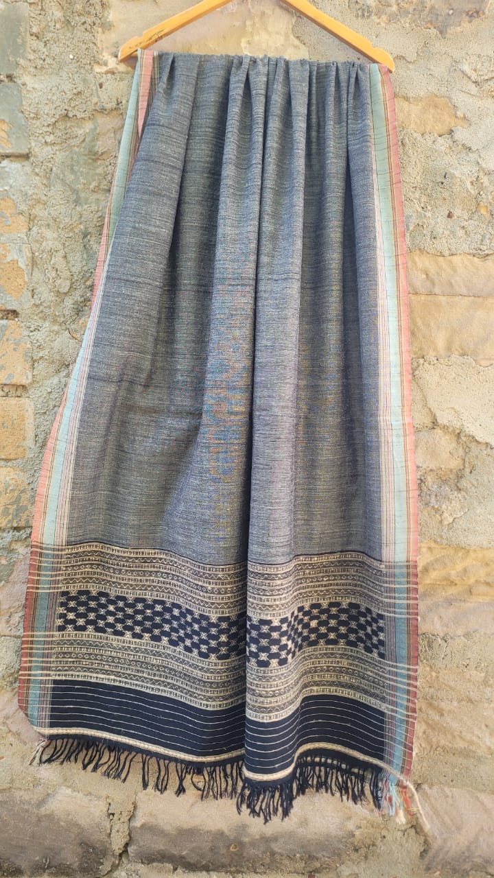 Grey Handwoven Merino Sheep Wool × Ghicha Tussar Silk Shawl