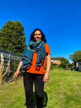 Load image into Gallery viewer, Indigo Handwoven / Hand Block Printed Ajrakh Merino Wool Shawl with Tassels