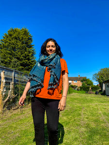 Indigo Handwoven / Hand Block Printed Ajrakh Merino Wool Shawl with Tassels
