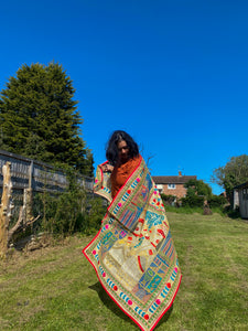 Cream Madhubani Style Handmade Chanderi Cotton Shawl / Throw - B210