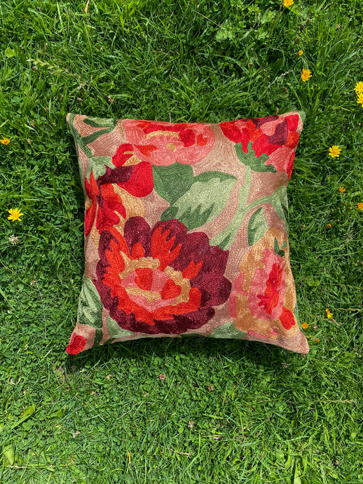 Coral Gold Floral Cushion Cover | Silk Yarn