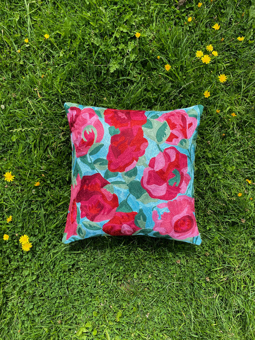 Arctic Blue Floral Cushion Cover | Silk Yarn