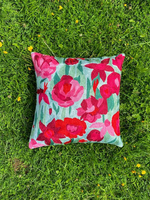 Aqua Iris Floral Cushion Cover | Silk Yarn