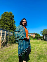 Load image into Gallery viewer, Indigo Handwoven / Hand Block Printed Ajrakh Merino Wool Shawl with Tassels