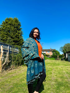 Indigo Handwoven / Hand Block Printed Ajrakh Merino Wool Shawl with Tassels