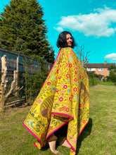 Load image into Gallery viewer, Yellow Madhubani Style Handmade Chanderi Silk Shawl / Throw - B231