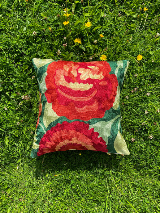 Warm Emerald x Rose Floral Cushion Cover | Silk Yarn