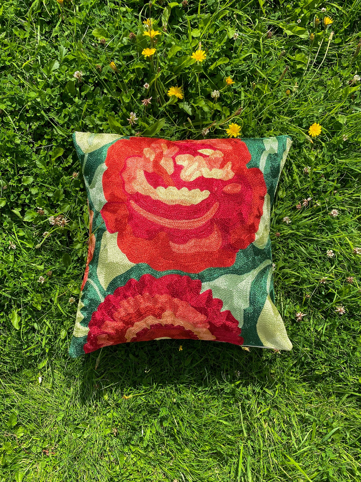 Warm Emerald x Rose Floral Cushion Cover | Silk Yarn