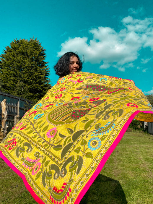 Yellow Madhubani Style Handmade Chanderi Silk Shawl / Throw - B231