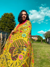 Load image into Gallery viewer, Yellow Madhubani Style Handmade Chanderi Silk Shawl / Throw - B231