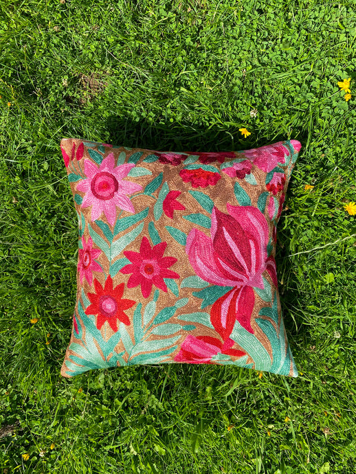Caramel Floral Cushion Cover | Silk Yarn