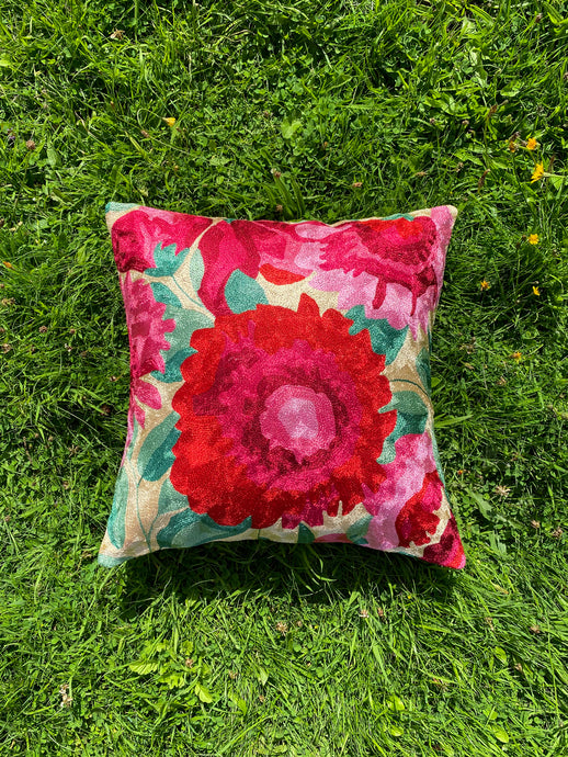 Warm Ecru x Red Floral Cushion Cover | Silk Yarn