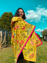 Load image into Gallery viewer, Yellow Madhubani Style Handmade Chanderi Silk Shawl / Throw - B231