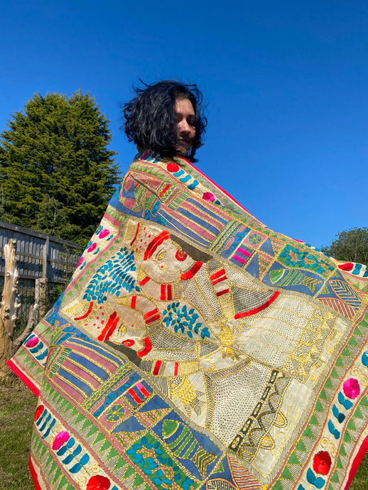 Cream Madhubani Style Handmade Chanderi Cotton Shawl / Throw - B210