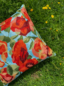 Arctic Blue x Red Floral Cushion Cover | Silk Yarn