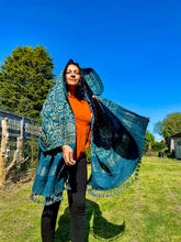 Load image into Gallery viewer, Indigo Handwoven / Hand Block Printed Ajrakh Merino Wool Shawl with Tassels