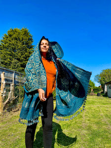 Indigo Handwoven / Hand Block Printed Ajrakh Merino Wool Shawl with Tassels