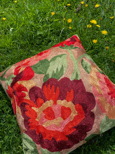 Coral Gold Floral Cushion Cover | Silk Yarn