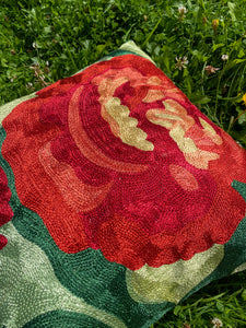 Warm Emerald x Rose Floral Cushion Cover | Silk Yarn