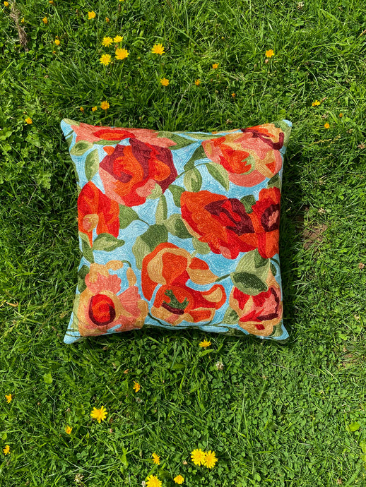 Arctic Blue x Red Floral Cushion Cover | Silk Yarn