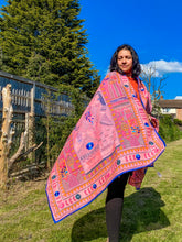 Load image into Gallery viewer, Salmon Pink Madhubani Style Handmade Chanderi Cotton Shawl / Throw - B227
