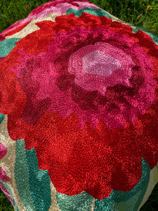 Warm Ecru x Red Floral Cushion Cover | Silk Yarn