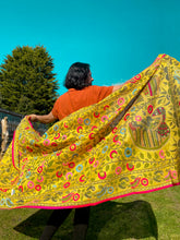 Load image into Gallery viewer, Yellow Madhubani Style Handmade Chanderi Silk Shawl / Throw - B231