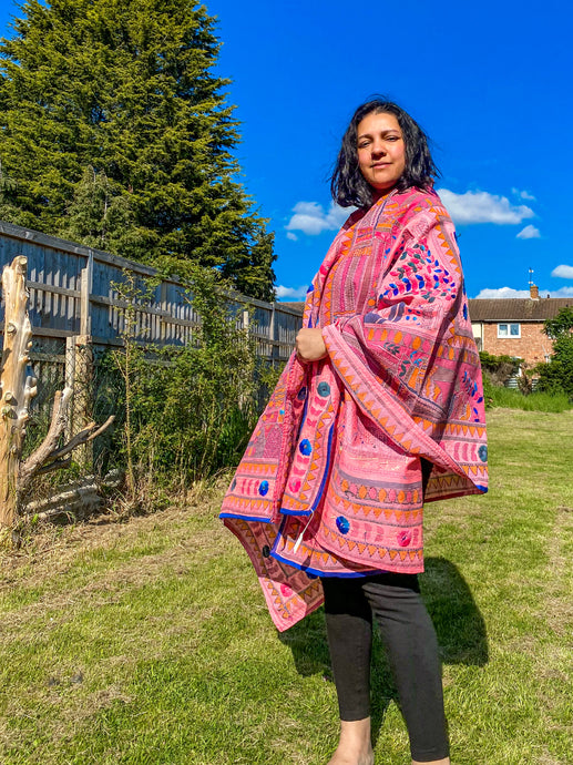 Salmon Pink Madhubani Style Handmade Chanderi Cotton Shawl / Throw - B227