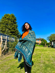 Indigo Handwoven / Hand Block Printed Ajrakh Merino Wool Shawl with Tassels
