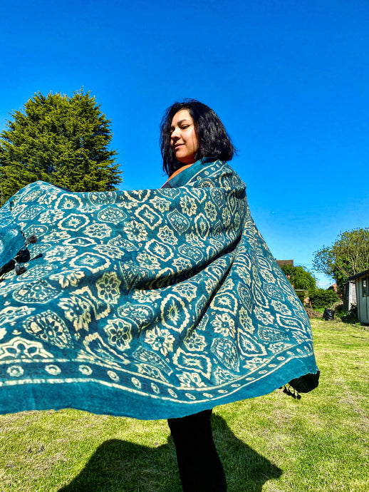Indigo Handwoven / Hand Block Printed Ajrakh Merino Wool Shawl with Tassels