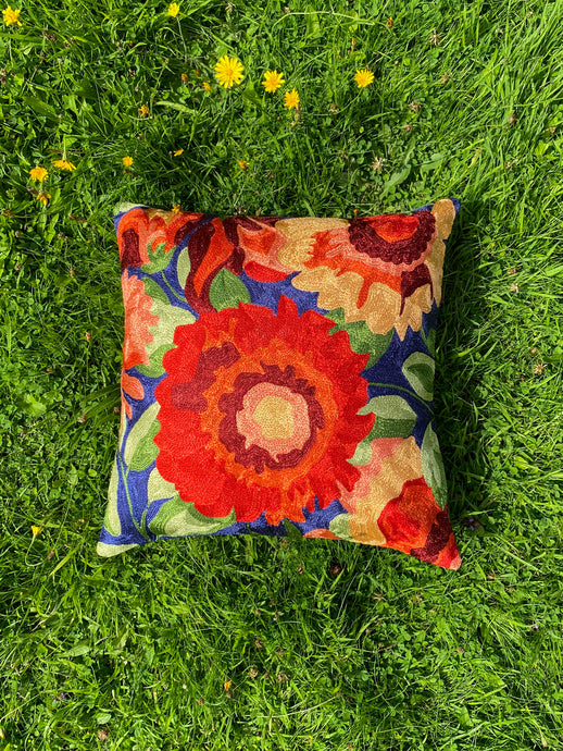 Deep Blue Floral Cushion Cover | Silk Yarn
