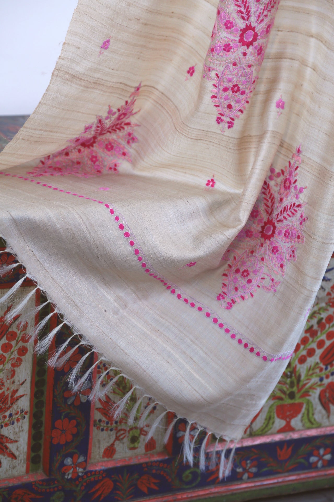 Large Tussar Silk Scarf Made in Kashmir / Lightweight Shawl - Gold & Pink