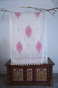 Large Linen Scarf Made in Kashmir / Lightweight Shawl - White & Pink 2