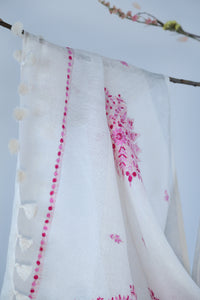 Large Linen Scarf Made in Kashmir / Lightweight Shawl - White & Pink 2