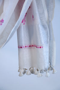 Large Linen Scarf Made in Kashmir / Lightweight Shawl - White & Pink 2