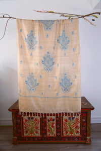 Large Tussar Silk Scarf Made in Kashmir / Lightweight Shawl - Gold & Blue